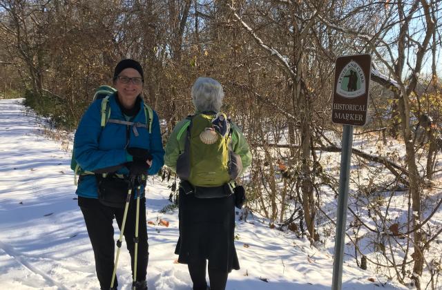 Catherine Dantin (left) with Anne Sieben (right) and Flat Philippine mid-pilgrimage