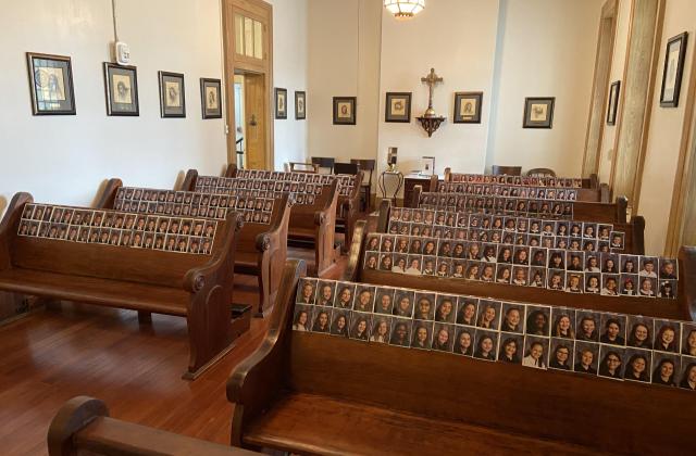 photos of students in the pews at the Shrine of Saint John Berchmans